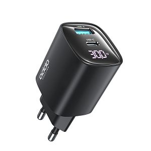 Zidni punjač Adda Collins CH-009-BK, USB-A i Type C izlazi, 30W, GaN, LED zaslon, crni