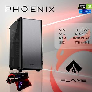 Računalo Phoenix FLAME Y-601 Intel i3 14100F/16GB DDR4/NVME SSD 1TB/600W 80+/RTX 3060 12GB/SET Miš/Tipkovnica/Podloga/Slušalice