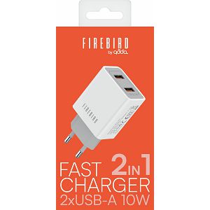 Zidni punjač FIREBIRD by ADDA CH-004-WH, 2u1, USB-A, 10W, 2.1A, bijeli