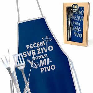 Roštilj set inox pribor + pregača Pečem sve živo 102466