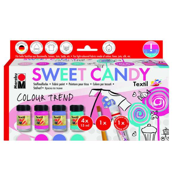 Boja za tekstil set 4x15ml + kist + fashion liner Marabu "Sweet Candy"